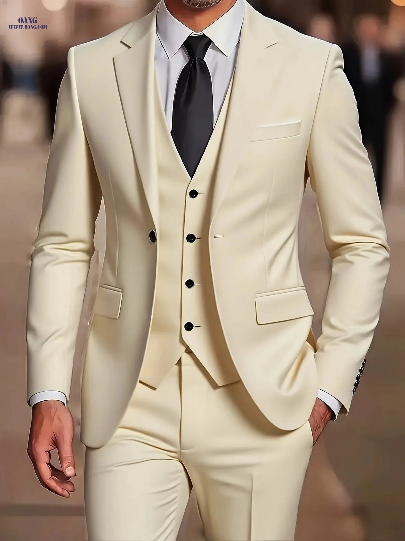 Men's 3-Piece Suit - Blazer, Vest, and Trousers for Weddings   OAXG Beige / FR XXS