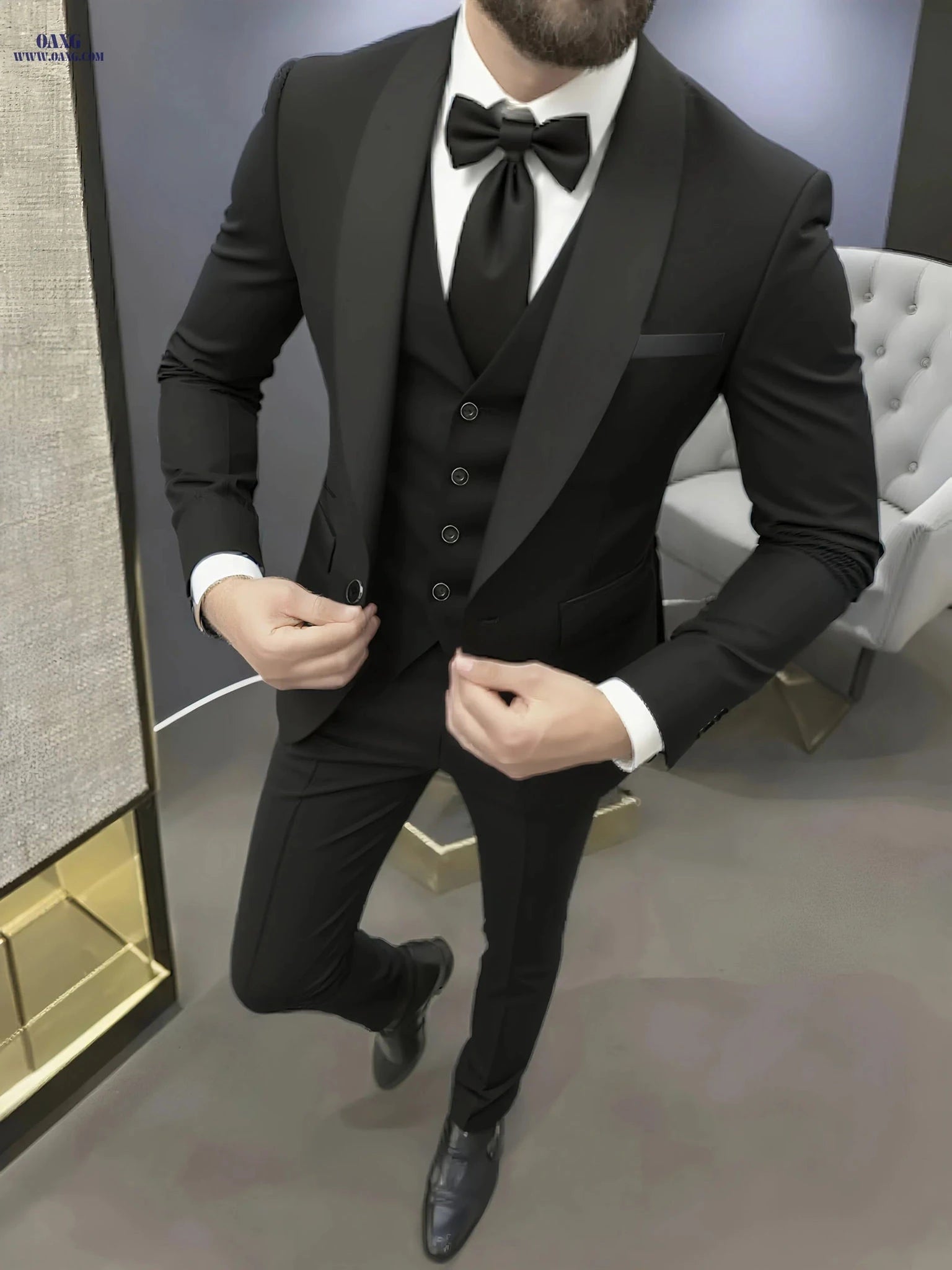 Men's 3-Piece Suit Set - Blazer, Vest & Trousers for Business   OAXG Black / FR XXS