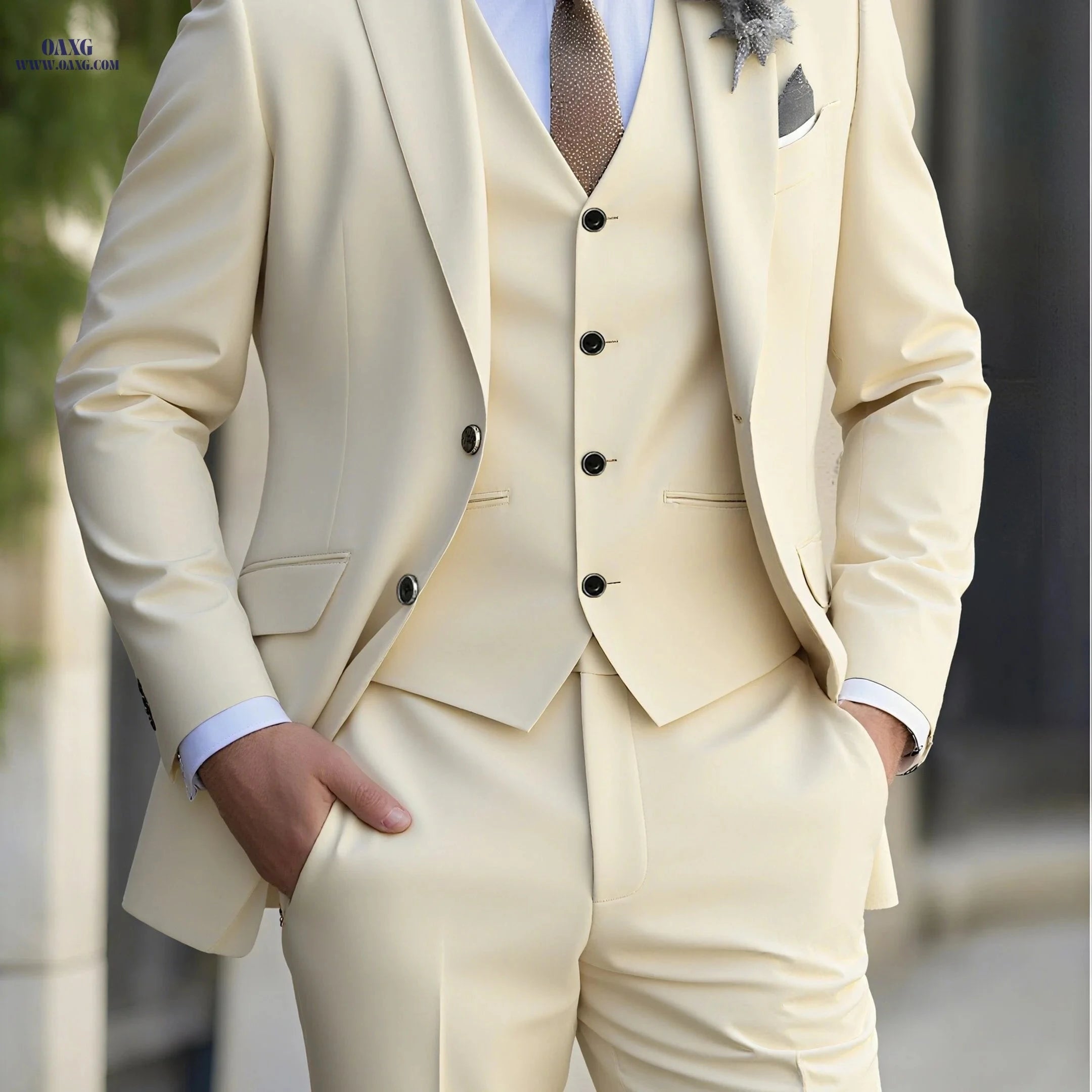 Men's 3-Piece Suit Set - Jacket, Vest & Trousers for Formal Events   OAXG 