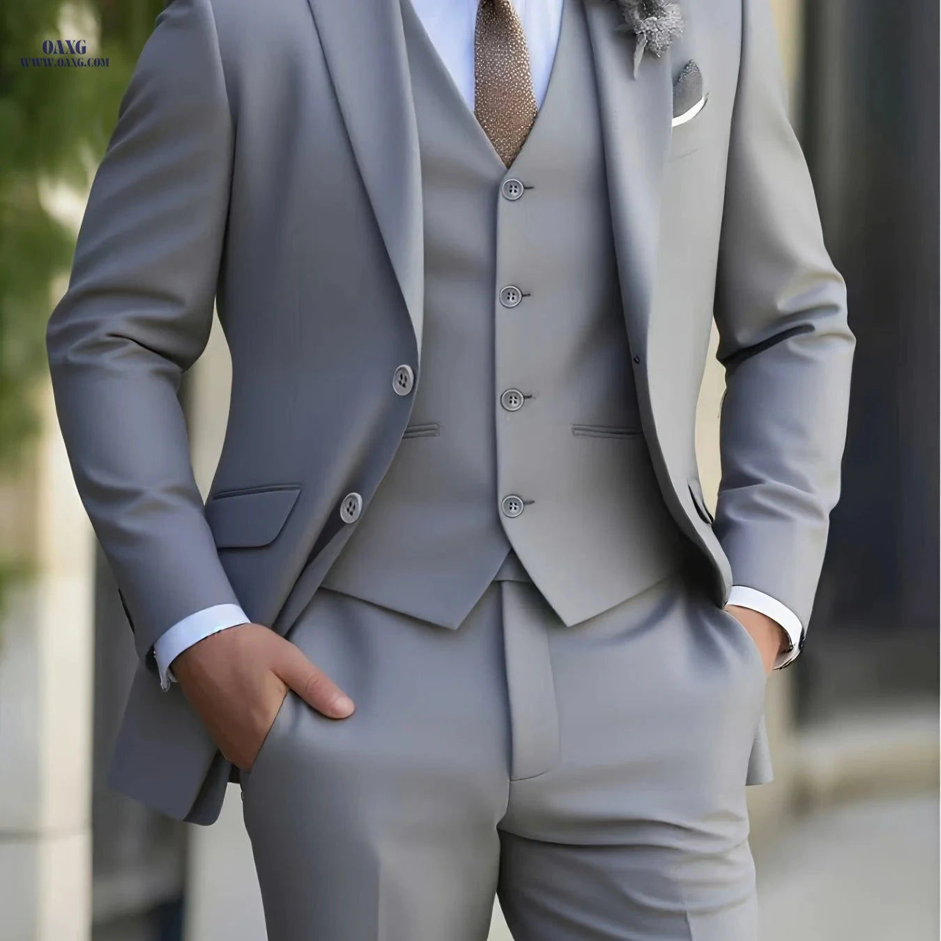 Men's 3-Piece Suit Set - Jacket, Vest & Trousers for Formal Events   OAXG 