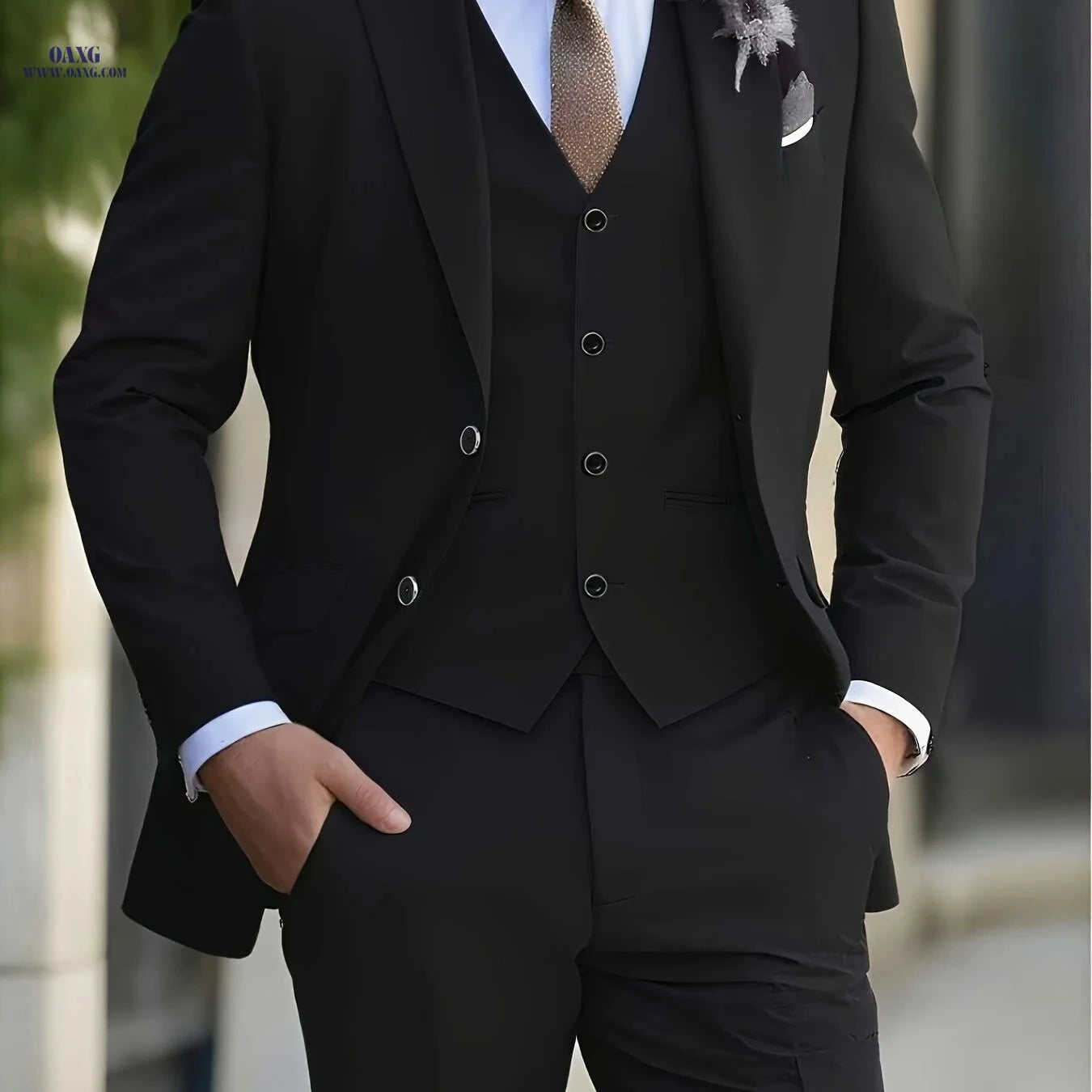 Men's 3-Piece Suit Set - Jacket, Vest & Trousers for Formal Events   OAXG 