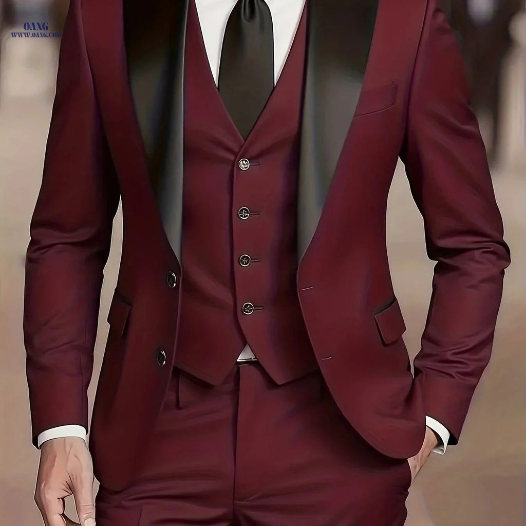 Men's 3-Piece Suit Set - Jacket, Vest & Trousers for Formal Events   OAXG 