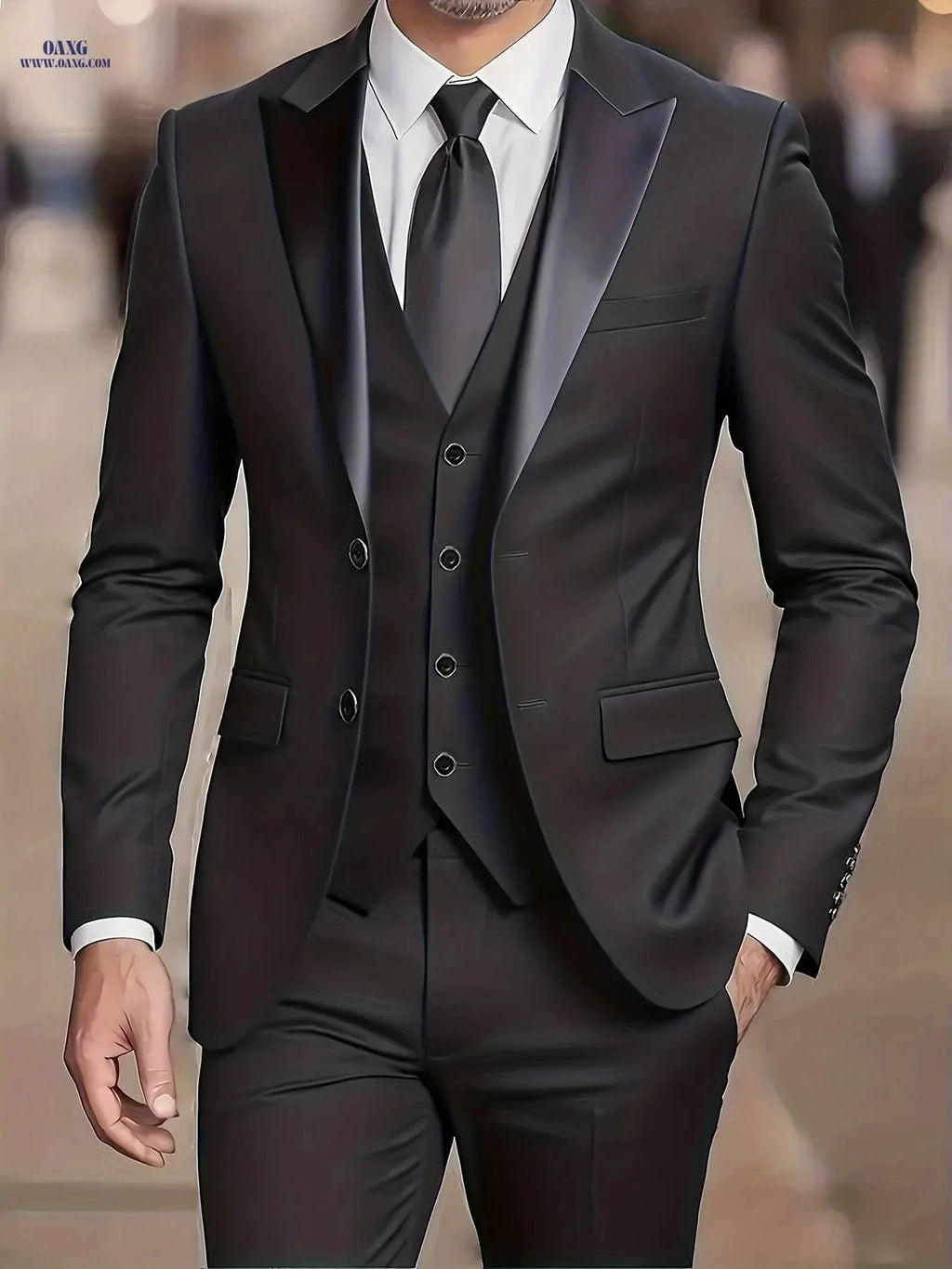 Men's 3-Piece Suit Set - Jacket, Vest & Trousers for Formal Events   OAXG 