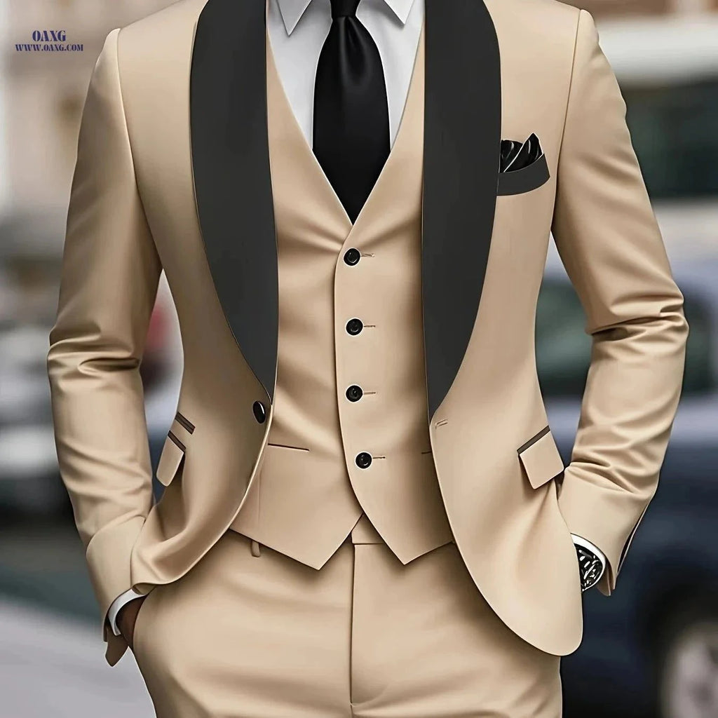 Men's 3-Piece Suit Set - Jacket, Vest & Trousers for Formal Events   OAXG Beige / FR XXS