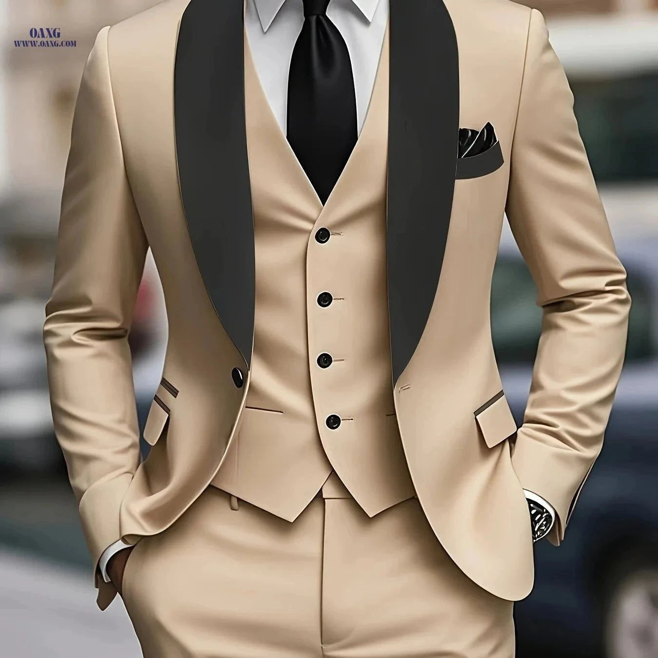 Men's 3-Piece Suit Set - Jacket, Vest & Trousers for Formal Events   OAXG Beige / FR XXS