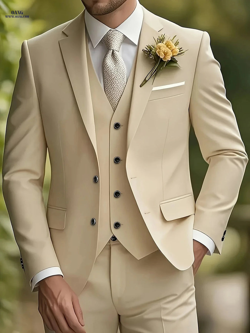 Men's 3-Piece Suit Set - Jacket, Vest & Trousers for Formal Events   OAXG 