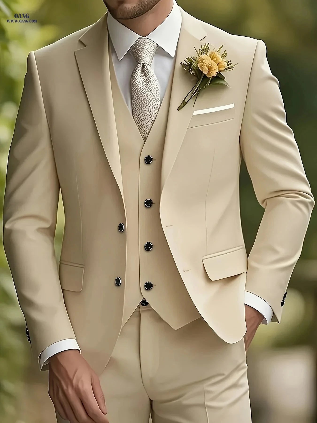 Men's 3-Piece Suit Set - Jacket, Vest & Trousers for Formal Events   OAXG 