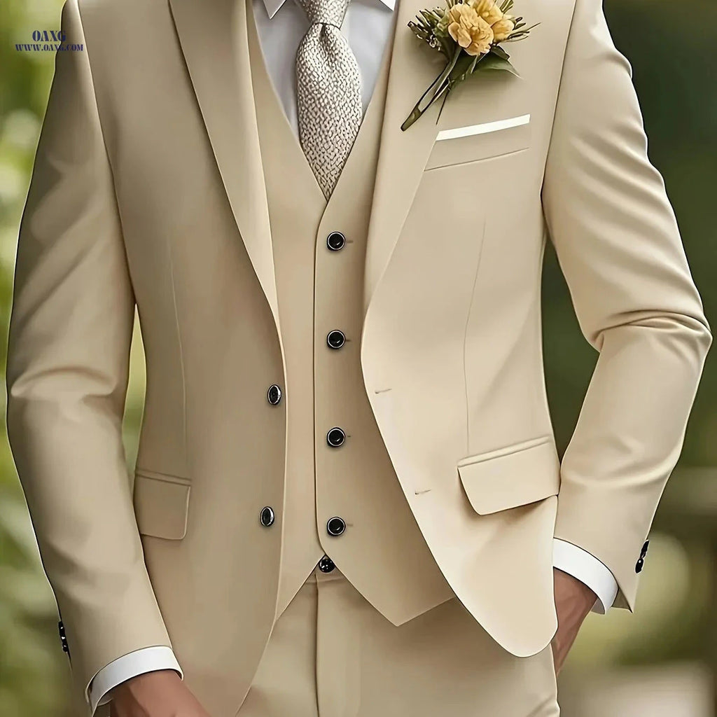 Men's 3-Piece Suit Set - Jacket, Vest & Trousers for Formal Events   OAXG 