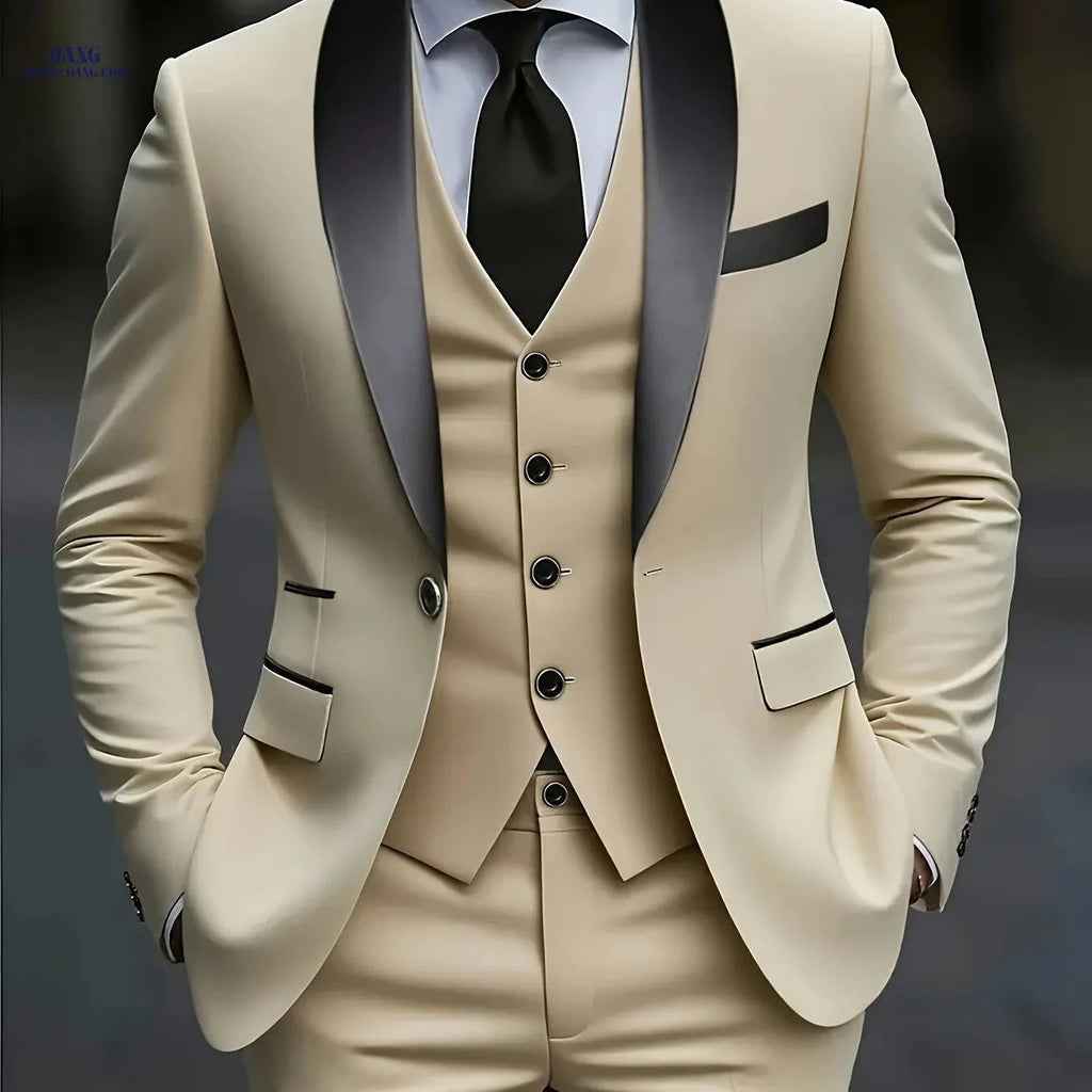 Men's 3-Piece Suit Set - Jacket, Vest & Trousers for Formal Events   OAXG 