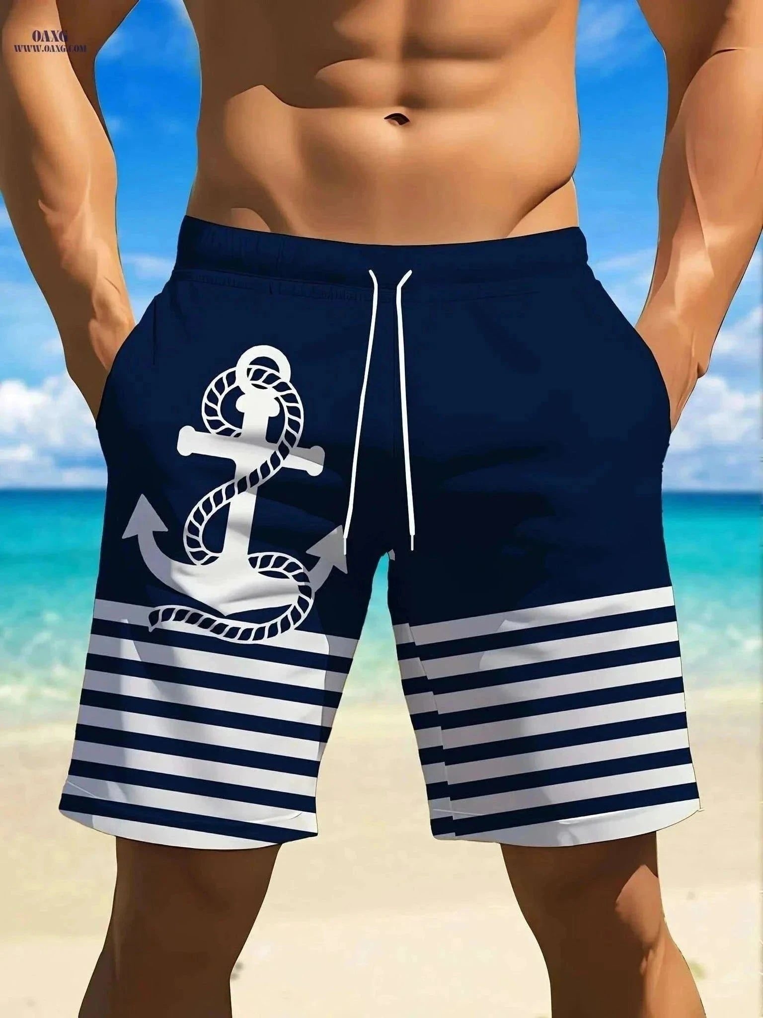 Men's 3D Anchor Print Beach Shorts - Quick-Dry and Casual Fit   OAXG Navy Blue / S