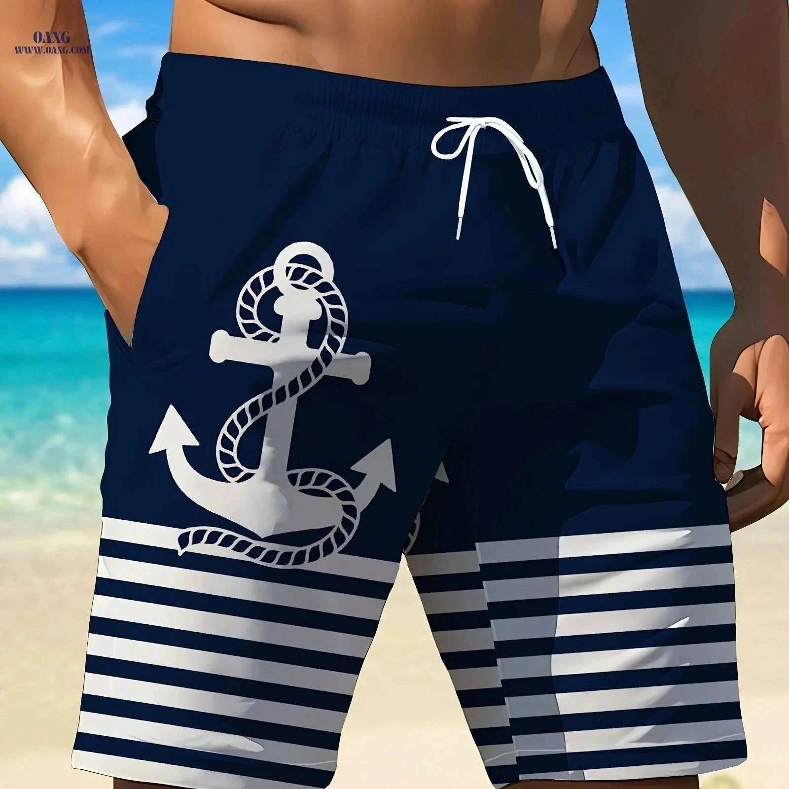 Men's 3D Anchor Print Beach Shorts - Quick-Dry and Casual Fit   OAXG Navy Blue / S