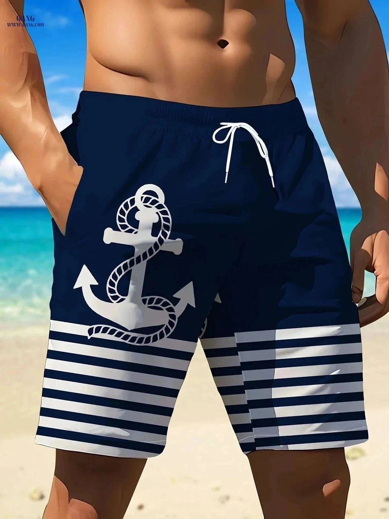 Men's 3D Anchor Print Beach Shorts - Quick-Dry and Casual Fit   OAXG Navy Blue / S