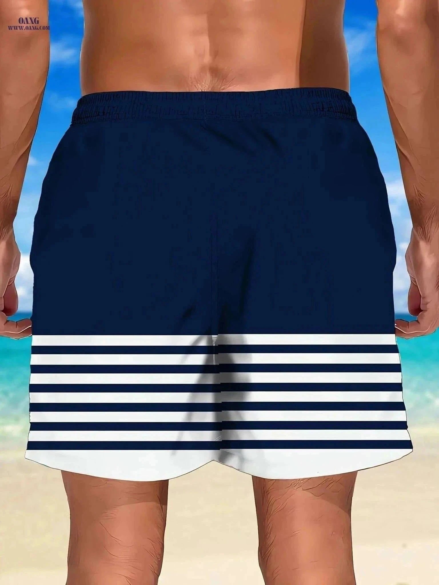 Men's 3D Anchor Print Beach Shorts - Quick-Dry and Casual Fit   OAXG Navy Blue / S