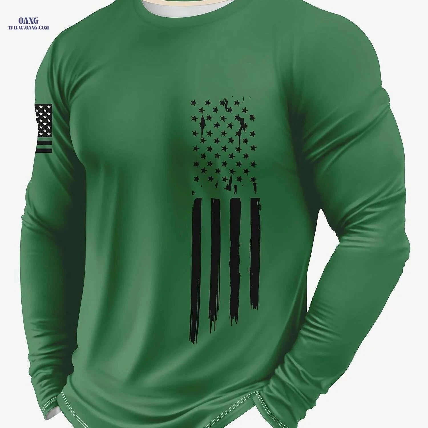 Men's 3D Army Stripe Long Sleeve T-Shirt - Casual Round Neck Top   OAXG Khaki / S