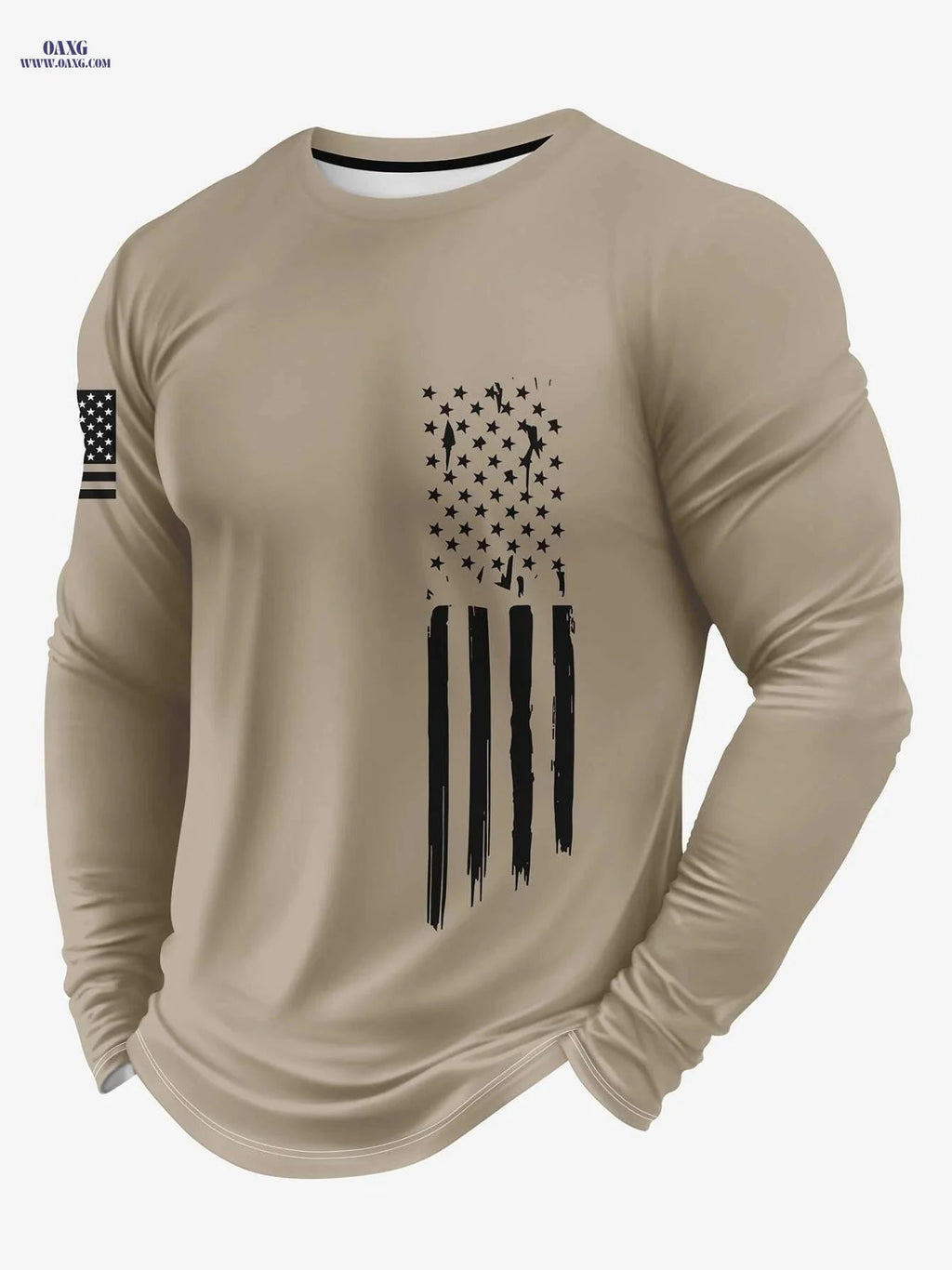 Men's 3D Army Stripe Long Sleeve T-Shirt - Casual Round Neck Top   OAXG Khaki / S