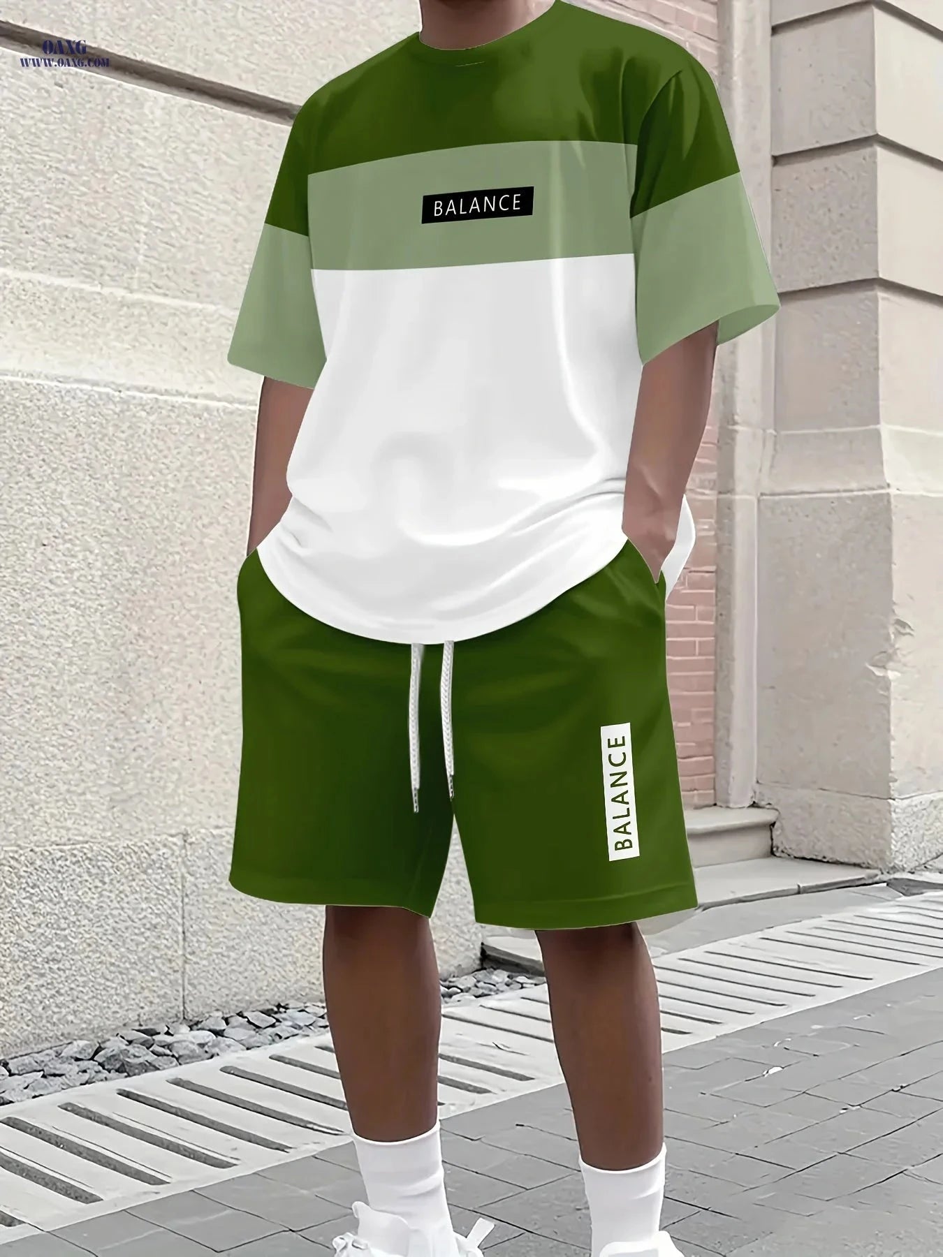 Men's 3D Casual Summer T-Shirt & Shorts Set - Olive Green "BALANCE"   OAXG 