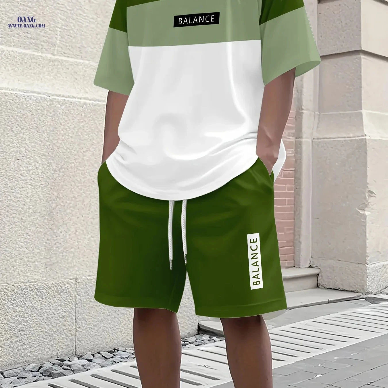Men's 3D Casual Summer T-Shirt & Shorts Set - Olive Green "BALANCE"   OAXG 