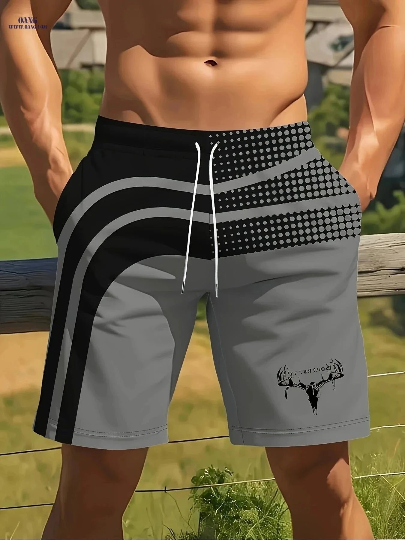 Men's 3D Deer Head Print Beach Shorts - Lightweight Casual Summer Style   OAXG Grey / FR S