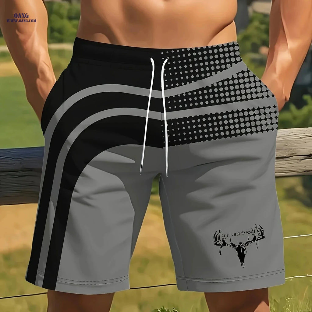 Men's 3D Deer Head Print Beach Shorts - Lightweight Casual Summer Style   OAXG Grey / FR S