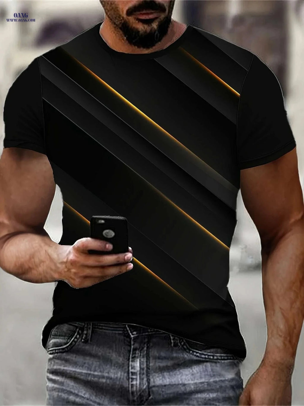 Men's 3D Diagonal Stripe T-Shirt - Casual Summer Crew Neck Style   OAXG Mixed Color / S