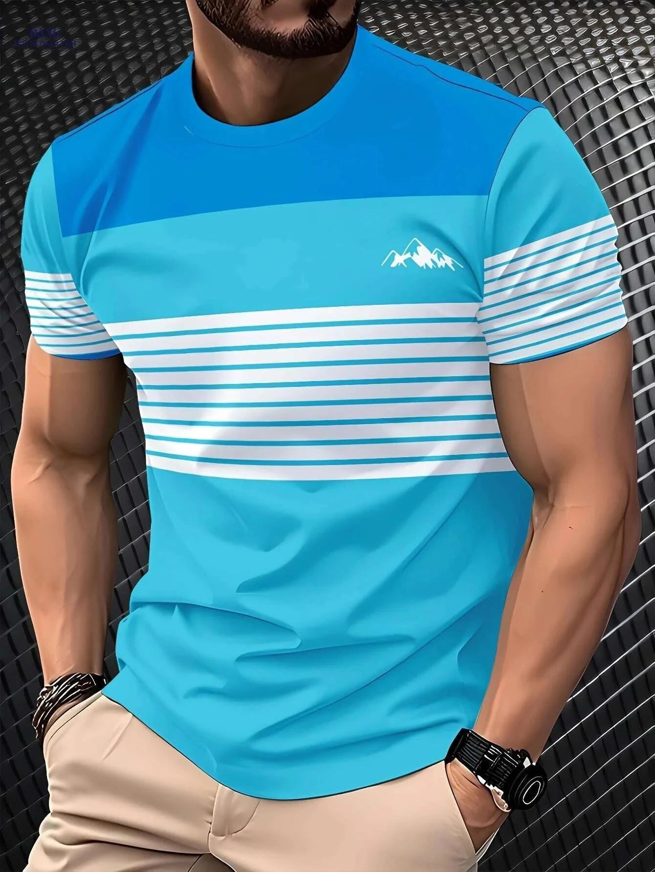 Men's 3D Digital Print T-Shirt - Vibrant Color Block Mountain Design   OAXG 