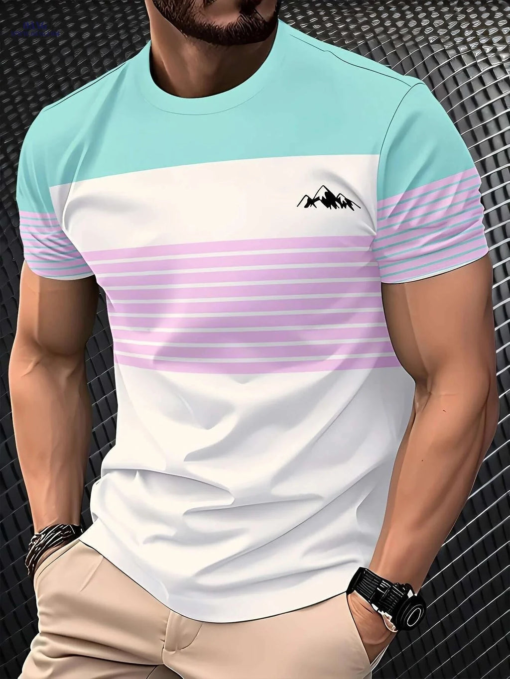 Men's 3D Digital Print T-Shirt - Vibrant Color Block Mountain Design   OAXG 