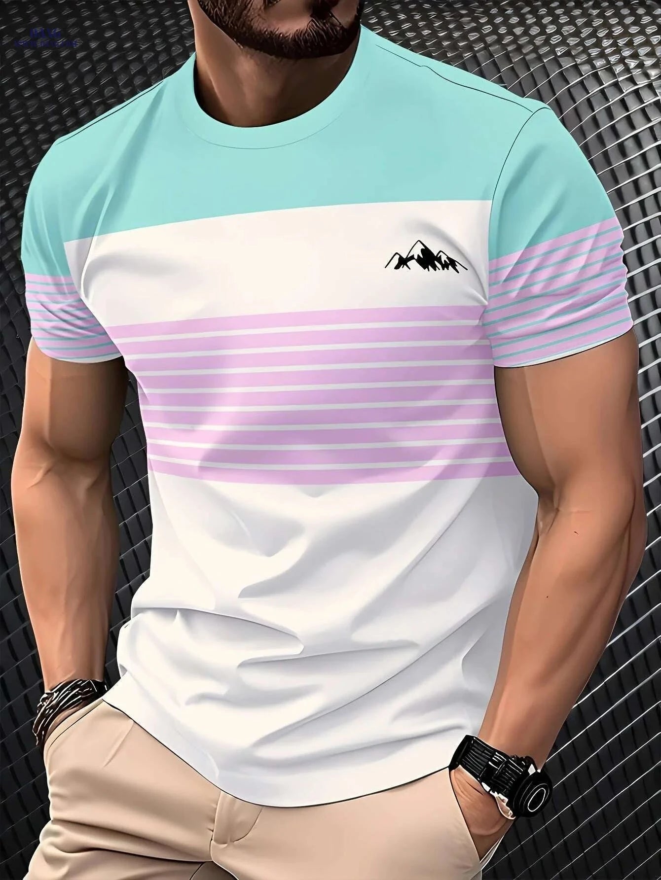 Men's 3D Digital Print T-Shirt - Vibrant Color Block Mountain Design   OAXG 