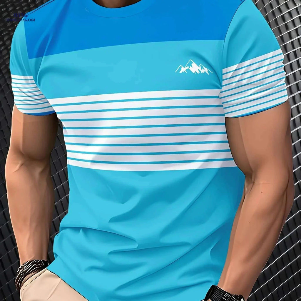 Men's 3D Digital Print T-Shirt - Vibrant Color Block Mountain Design   OAXG Sky Blue / S