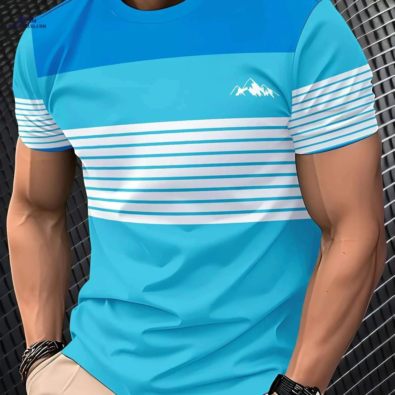 Men's 3D Digital Print T-Shirt - Vibrant Color Block Mountain Design   OAXG Sky Blue / S