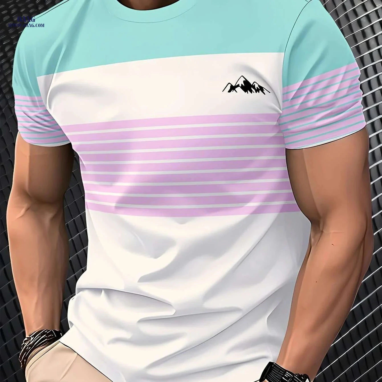 Men's 3D Digital Print T-Shirt - Vibrant Color Block Mountain Design   OAXG Sky Blue / S
