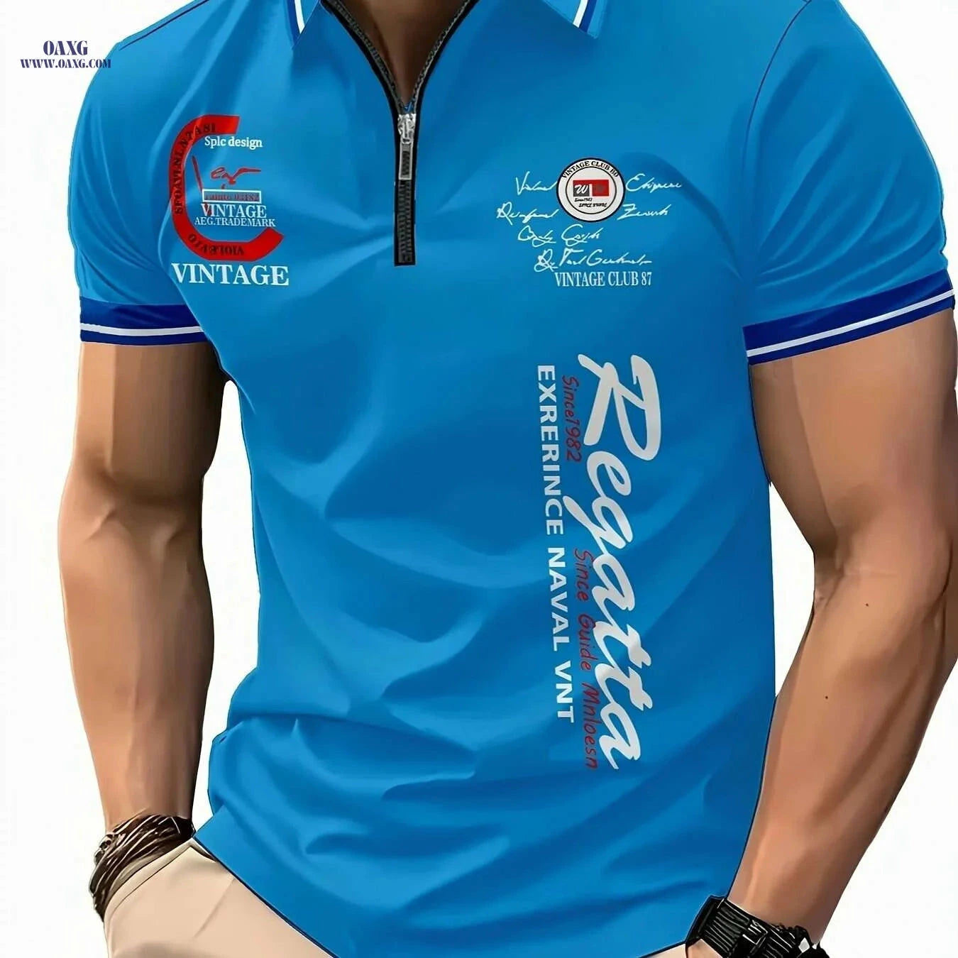 Men's 3D Digital Print Zip-Up Polo - Short Sleeve Summer Style   OAXG 