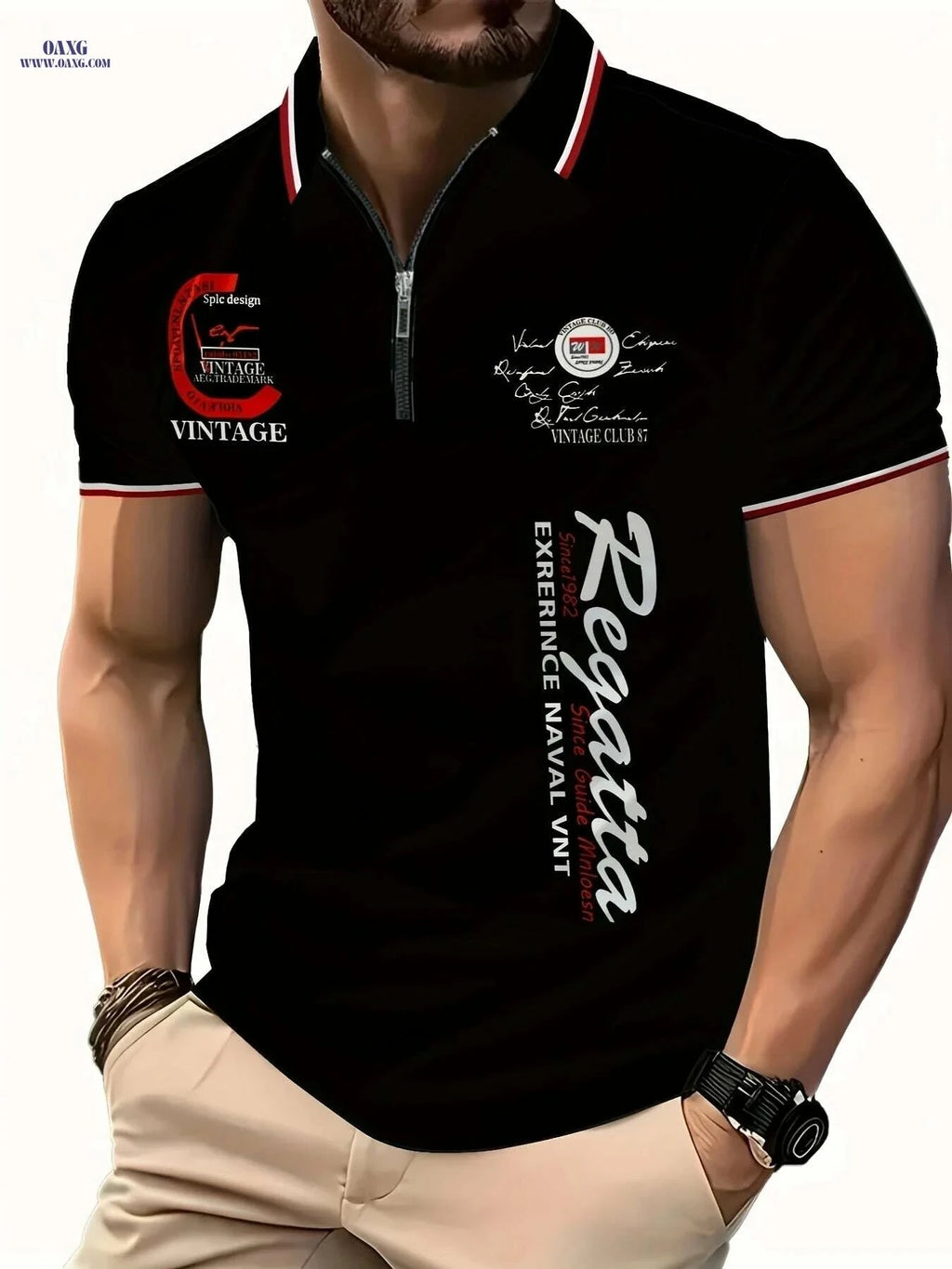 Men's 3D Digital Print Zip-Up Polo - Short Sleeve Summer Style   OAXG Black / S