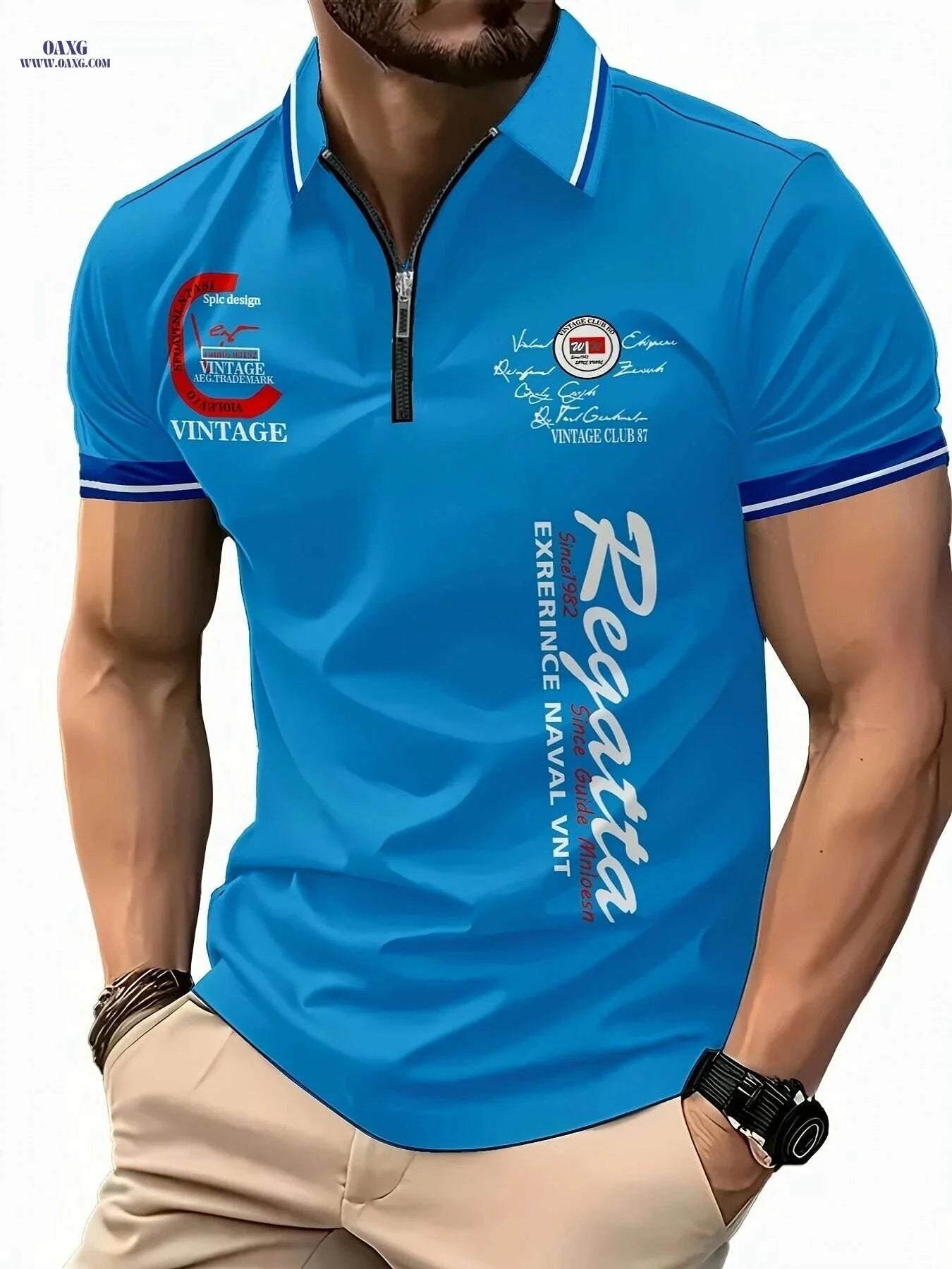 Men's 3D Digital Print Zip-Up Polo - Short Sleeve Summer Style   OAXG Black / S