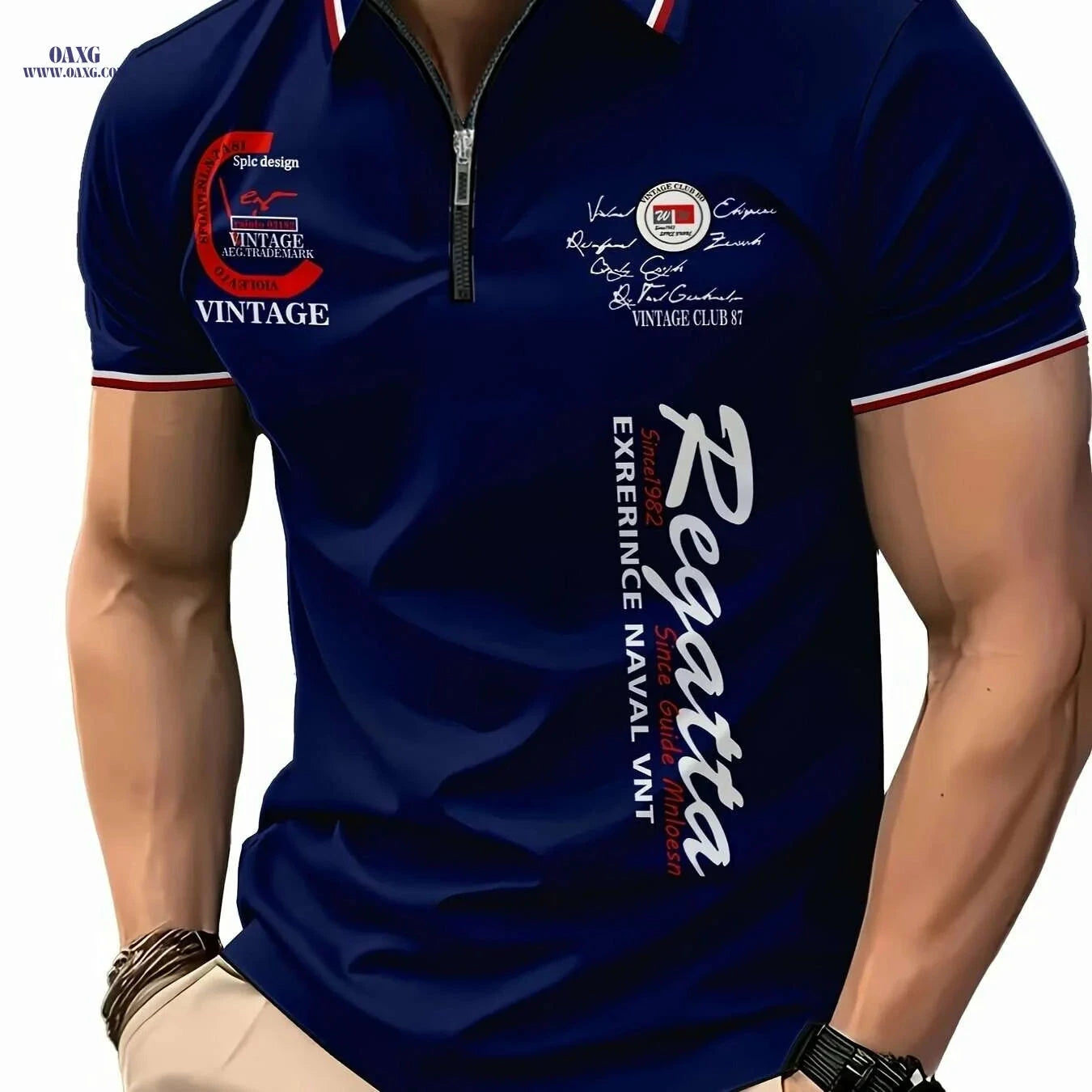 Men's 3D Digital Print Zip-Up Polo - Short Sleeve Summer Style   OAXG Black / S