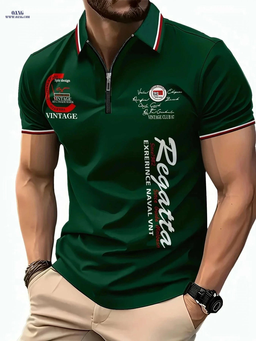 Men's 3D Digital Print Zip-Up Polo - Short Sleeve Summer Style   OAXG Black / S