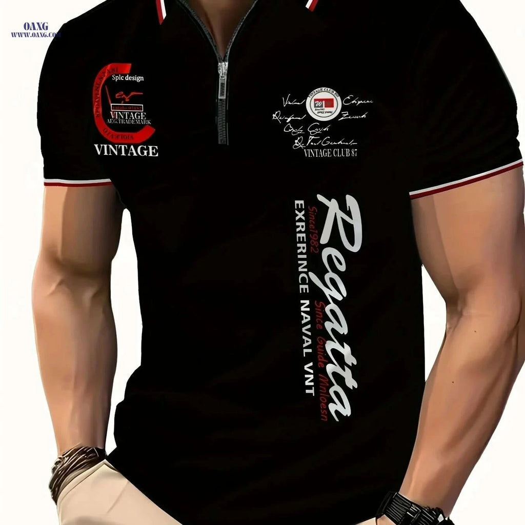 Men's 3D Digital Print Zip-Up Polo - Short Sleeve Summer Style   OAXG Black / S