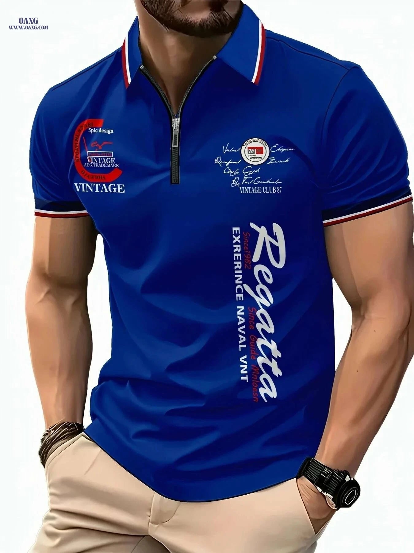 Men's 3D Digital Print Zip-Up Polo - Short Sleeve Summer Style   OAXG Black / S