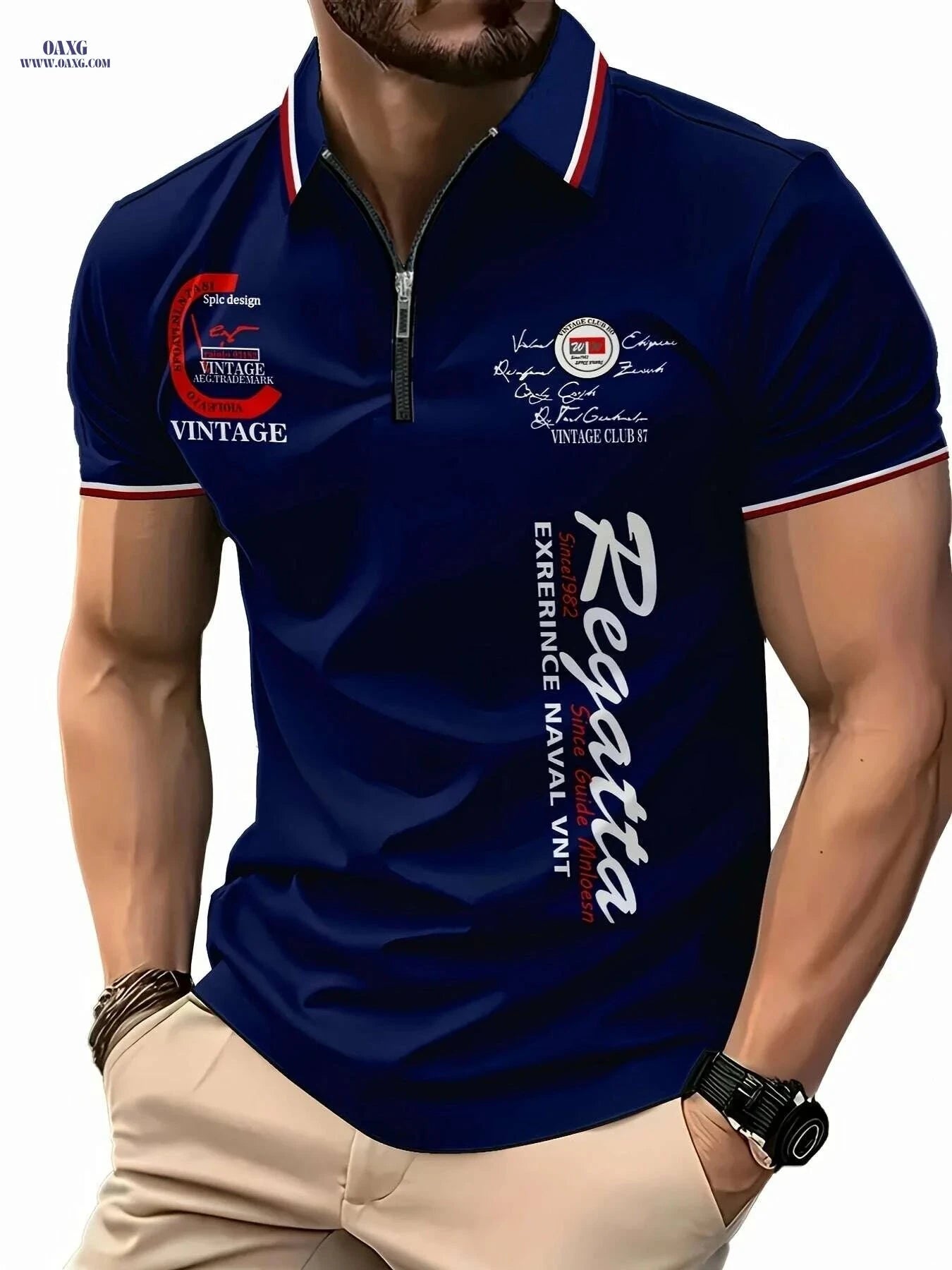 Men's 3D Digital Print Zip-Up Polo - Short Sleeve Summer Style   OAXG Black / S