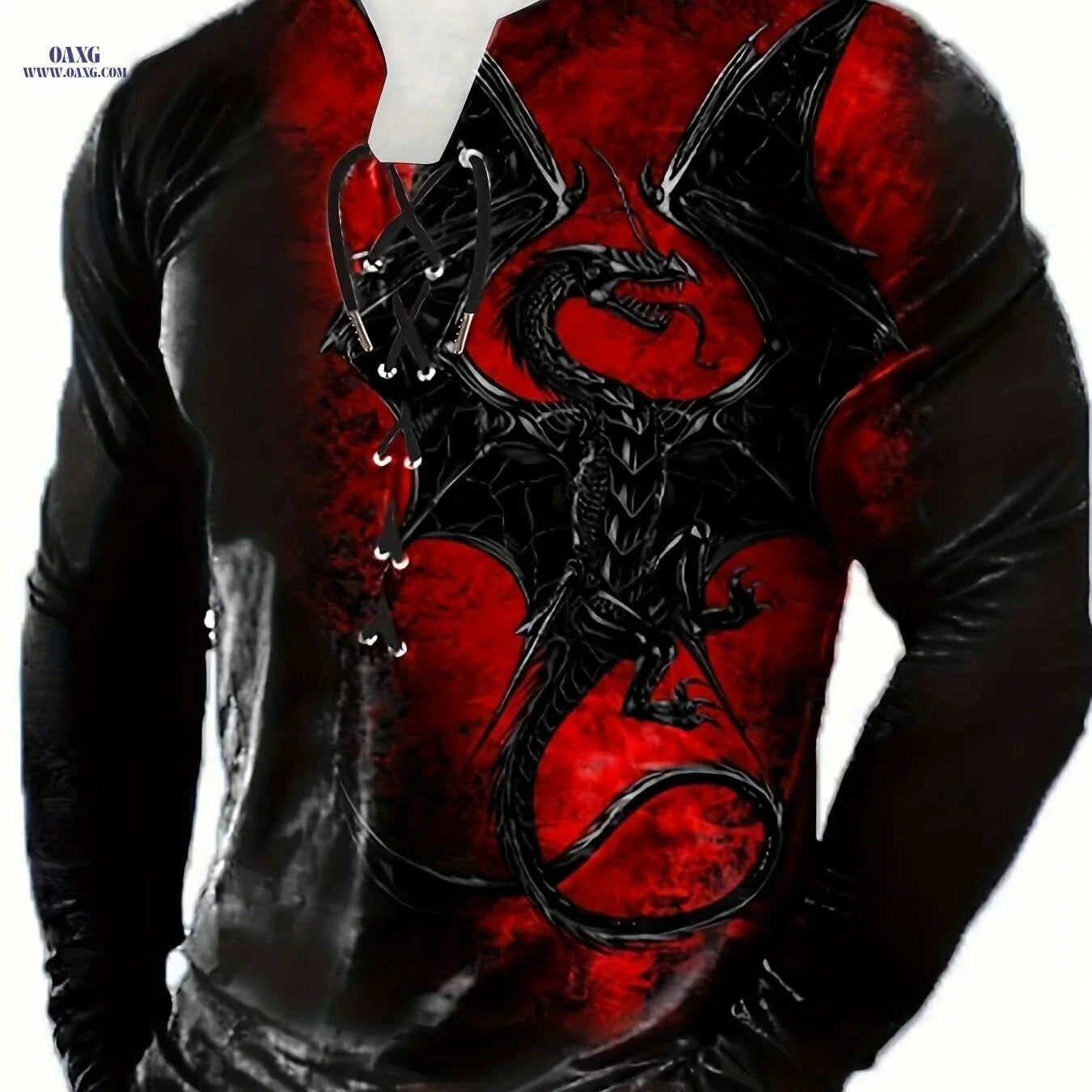 Men's 3D Dragon Print Henley Shirt - Stretch Fabric, Casual Fit   OAXG Black / S
