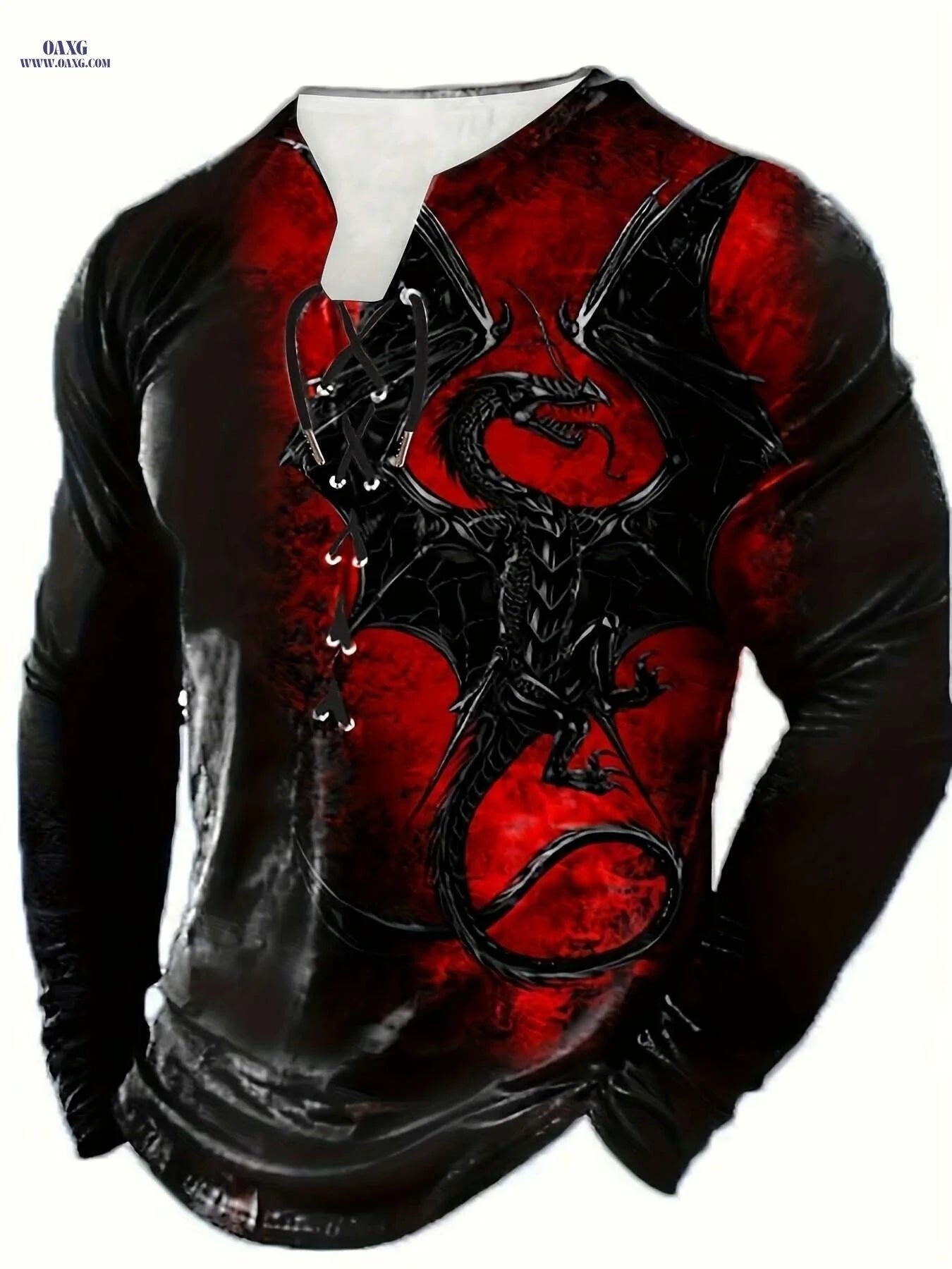 Men's 3D Dragon Print Henley Shirt - Stretch Fabric, Casual Fit   OAXG Black / S