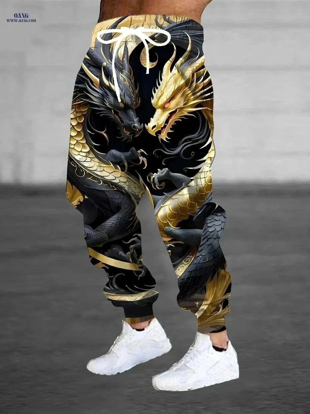 Men's 3D Dragon Print Joggers - Casual Stretchy Polyester Design   OAXG Mixed Color / S