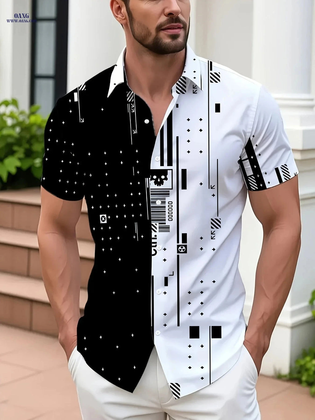 Men's 3D Geometric Collar Short-Sleeve Shirt - Loose Fit Casual Wear   OAXG 