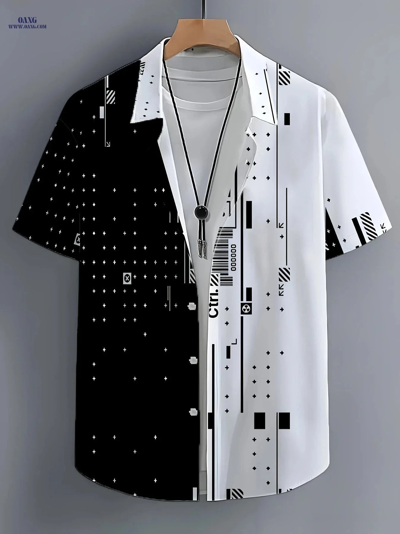 Men's 3D Geometric Collar Short-Sleeve Shirt - Loose Fit Casual Wear   OAXG Black / FR S