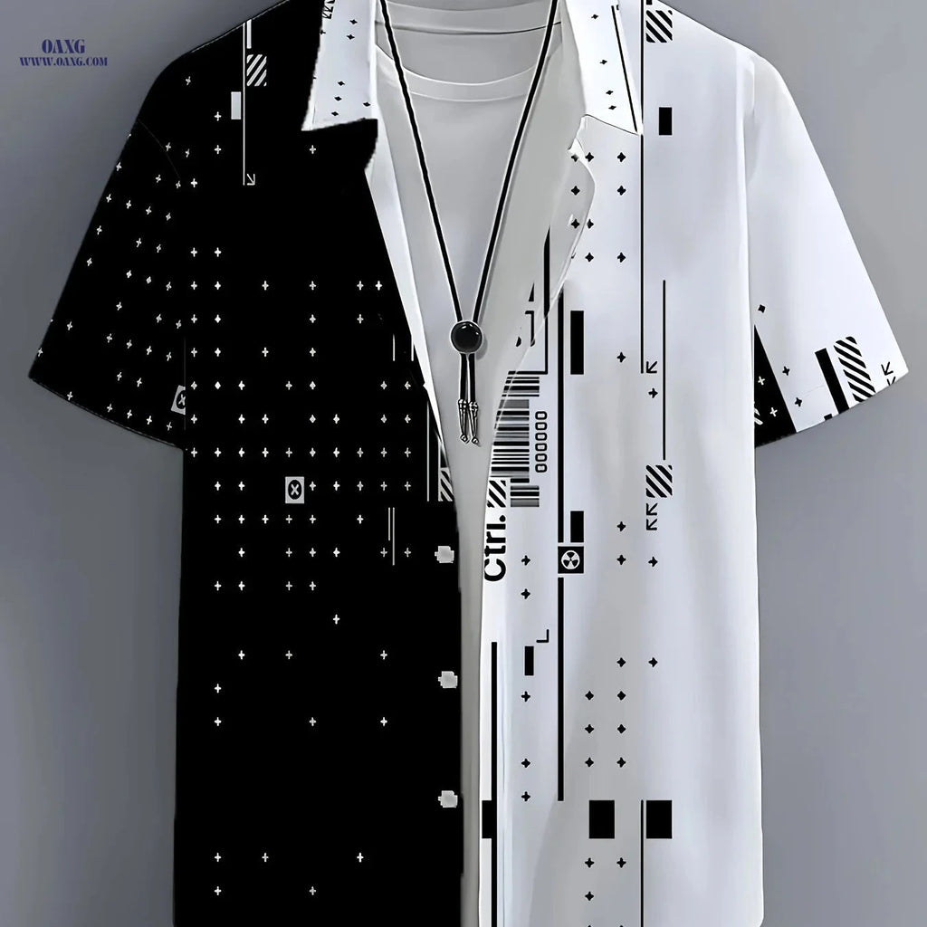 Men's 3D Geometric Collar Short-Sleeve Shirt - Loose Fit Casual Wear   OAXG Black / FR S