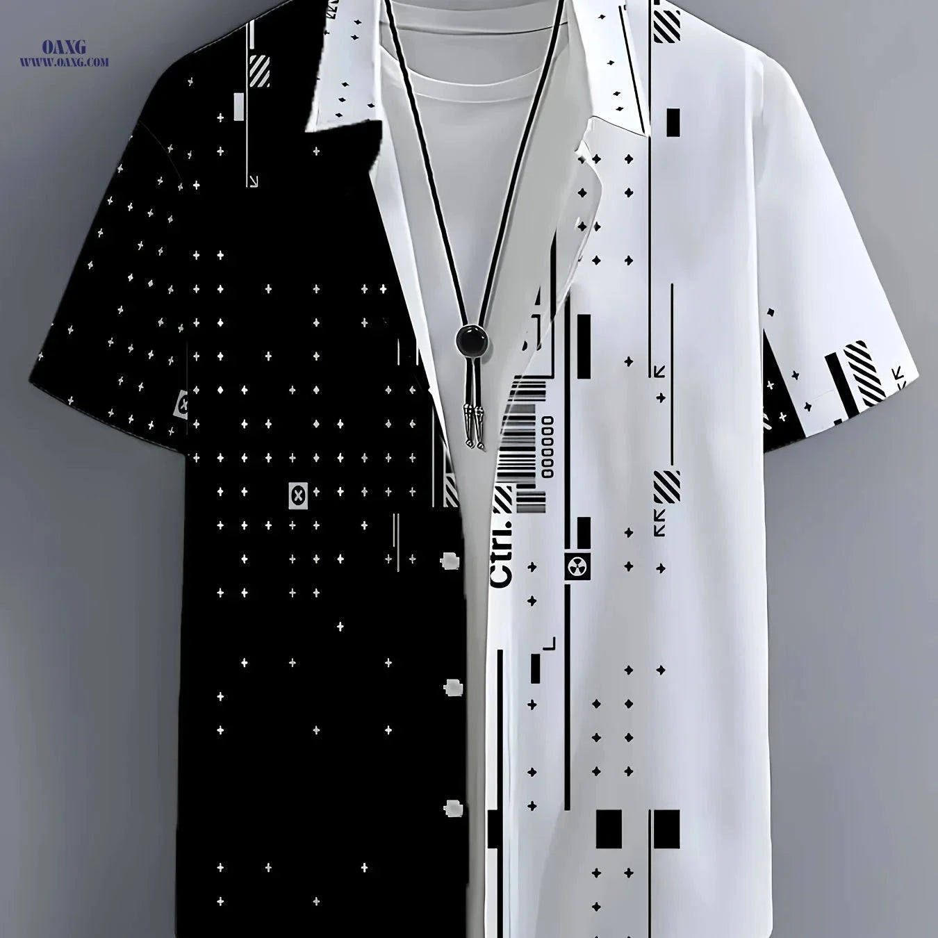 Men's 3D Geometric Collar Short-Sleeve Shirt - Loose Fit Casual Wear   OAXG Black / FR S
