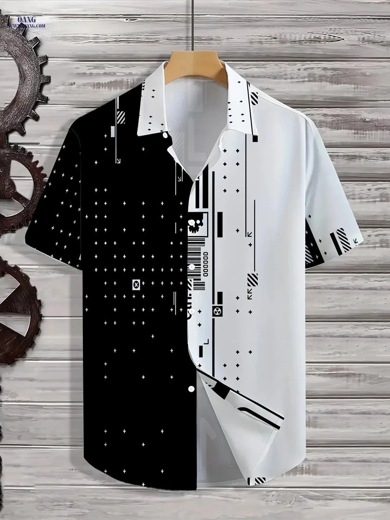 Men's 3D Geometric Collar Short-Sleeve Shirt - Loose Fit Casual Wear   OAXG Black / FR S