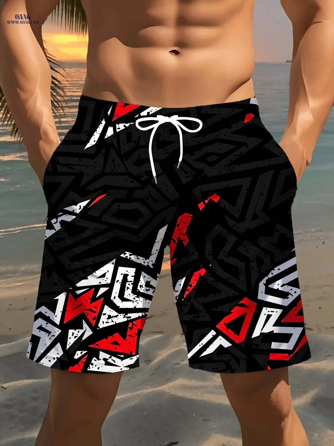 Men's 3D Geometric Print Beach Shorts - Casual & Lightweight Style   OAXG 