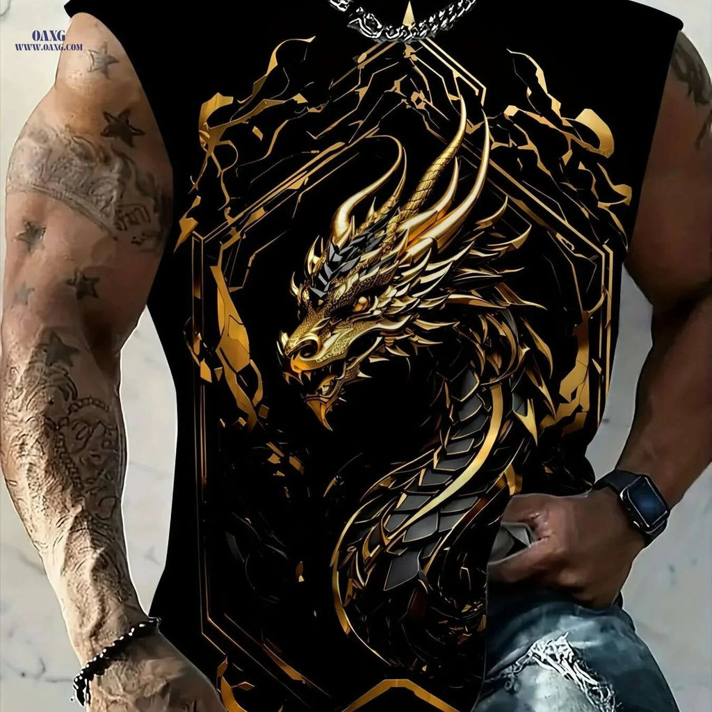 Men's 3D Golden Dragon Tank Top - Breathable Casual Athletic Shirt   OAXG 