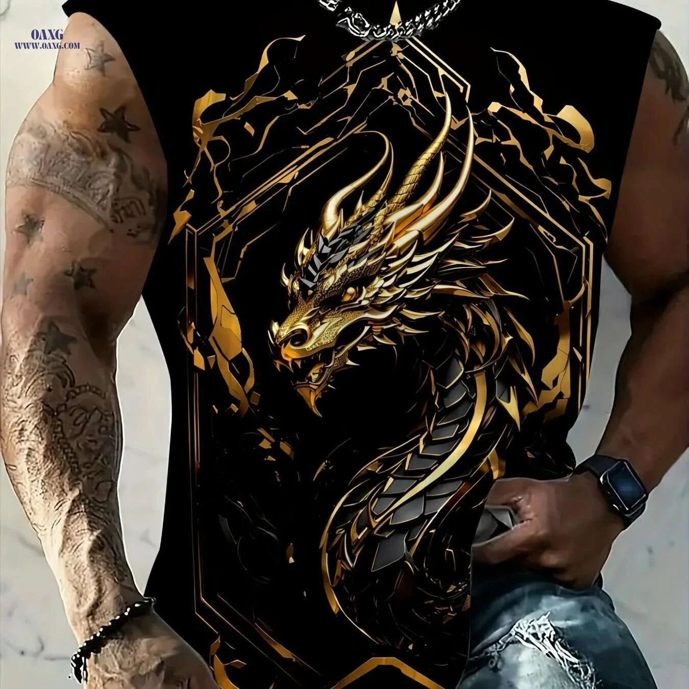 Men's 3D Golden Dragon Tank Top - Breathable Casual Athletic Shirt   OAXG 
