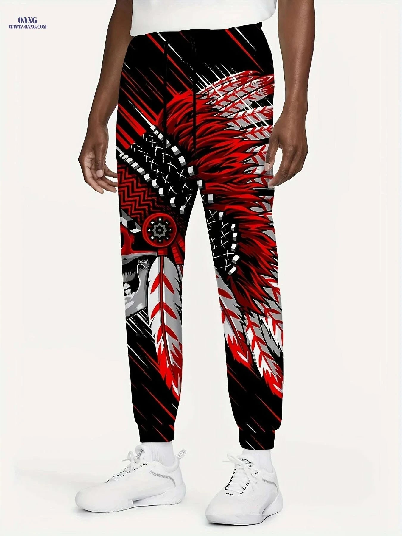Men's 3D Graphic Sweatpants - Native American Skull Print, Regular Fit   OAXG Red / S